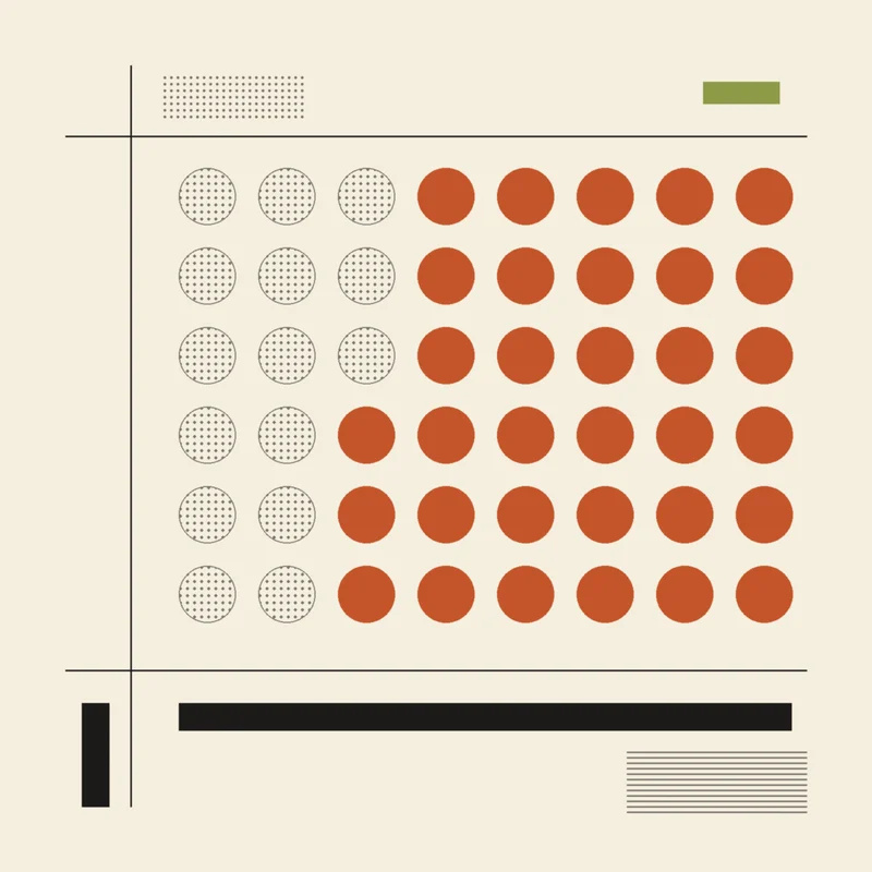 Collage geométrico: una cuadrícula de asientos que pasa de vacíos, en semitono gris, a llenos, en círculos terracota.