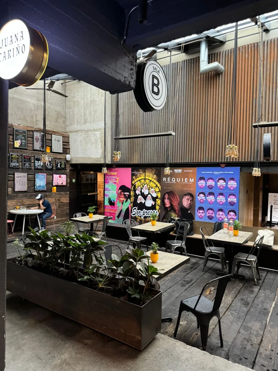Patio de La Teatrería: el póster de la obra junto a los de obras profesionales